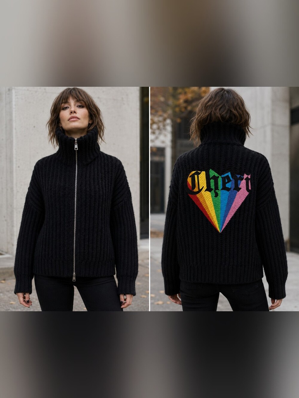 Zadig & Voltaire Aline Awa Chéri Zip Sweater S Black Alpaca Wool Punk Moto